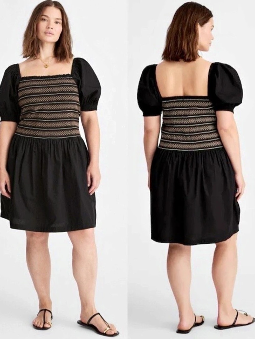 NWT MADEWELL Smocked Puffed Sleeve Poplin Black Dress